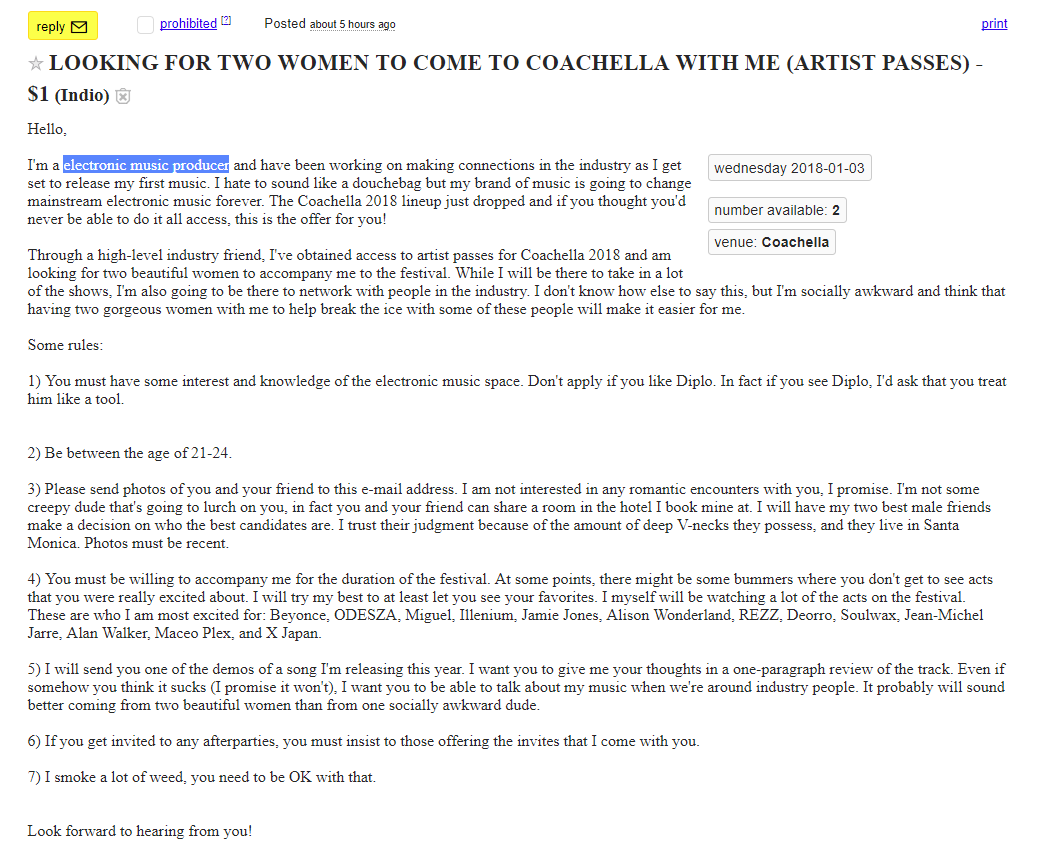 EDM Artist&#039;s Women-Seeking Craigslist Ad is Everything Wrong with Coachella