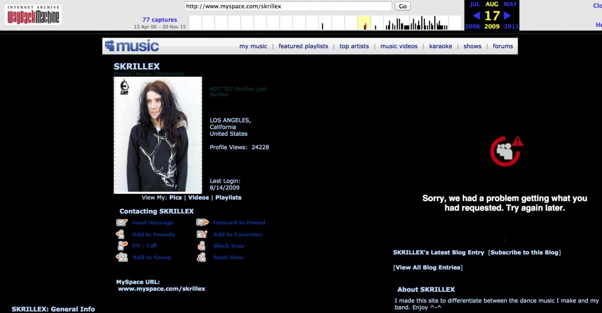 Skrillex MySpace landing page